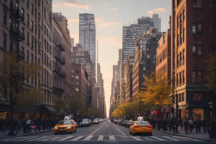 Urban avenue at golden hour with taxis and classic architecture