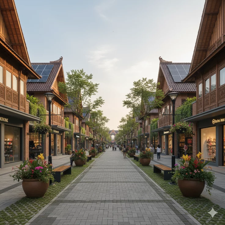 Outdoor pedestrian shopping street with flowers and storefronts