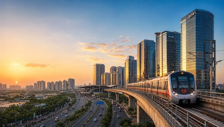 Metro train on elevated tracks at sunset with modern towers