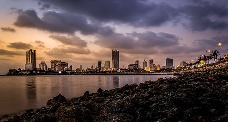 Coastal city shoreline at dusk with lights reflecting on the water