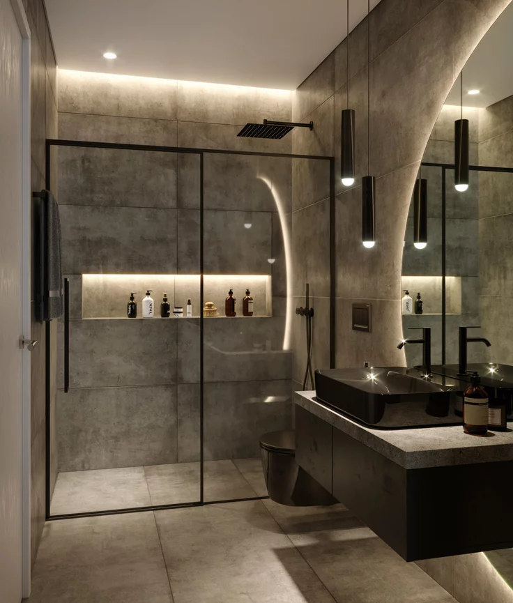 Modern walk-in shower, floating vanity, and warm accent lighting