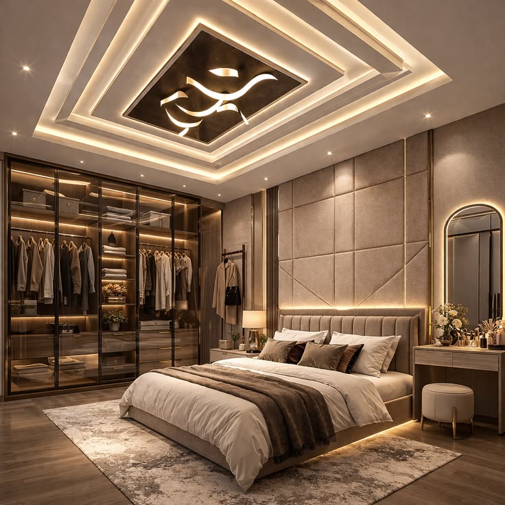 Luxury master bedroom with upholstered headboard, glass wardrobe, and vanity