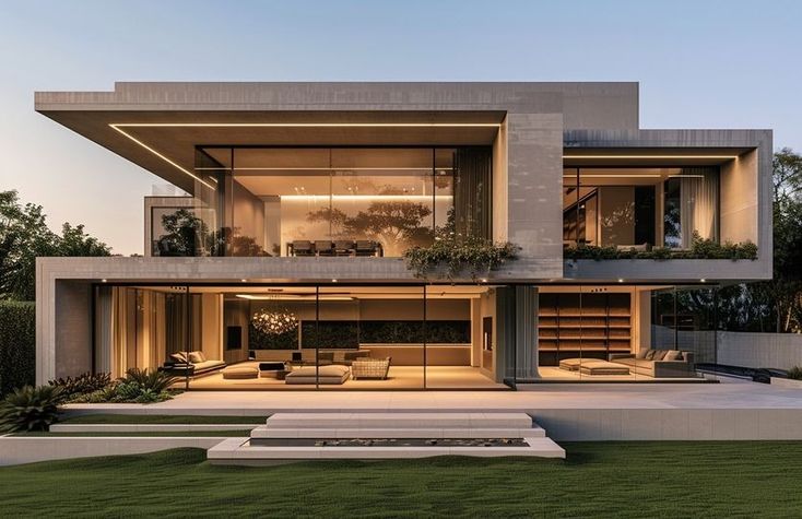 Open hall and living space with dining visible through glass at twilight