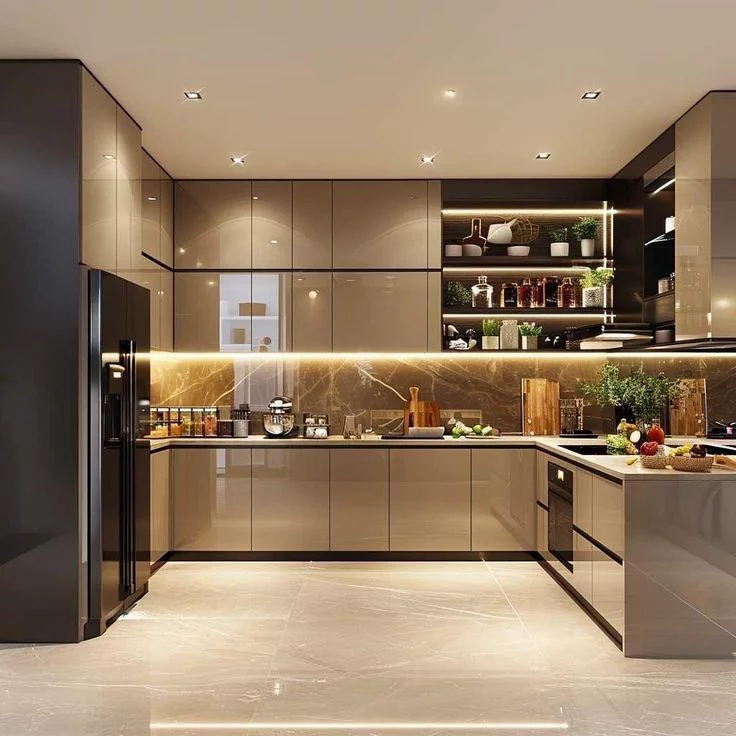 Contemporary kitchen with marble backsplash and illuminated cabinetry